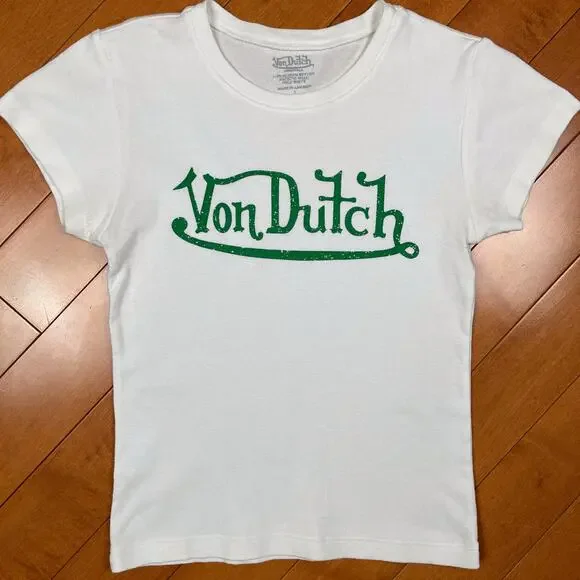 Y2K Von Dutch Logo Graphic Baby Tee White Green Babydoll T Shirt Vintage - Picture 3 of 15